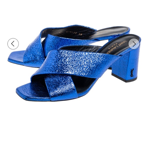 Like New Saint Laurent Blue Leather LouLou Slide Sandals Size 39 - Picture 3 of 4
